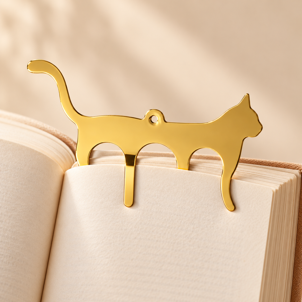 Marque-page chat doré Catezya sur livre ouvert