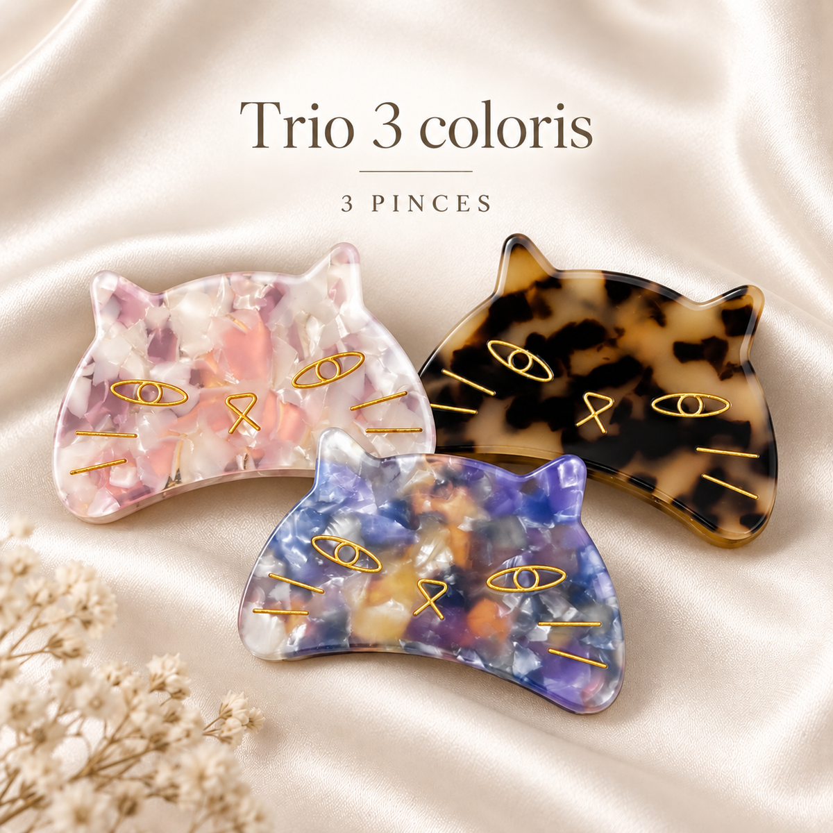 Pinces à cheveux Chat Catezya – trio rose, écaille et bleu