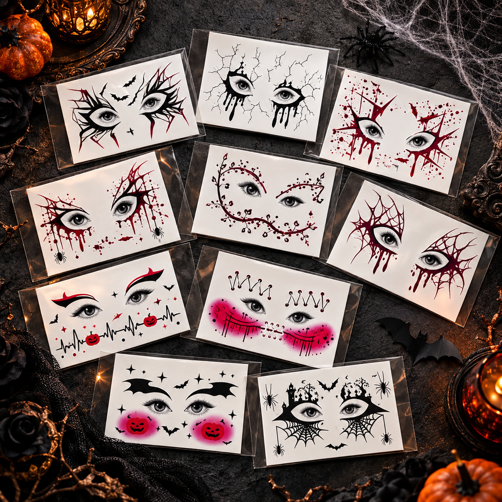 Pack de 10 tatouages temporaires Halloween pour les yeux – ambiance gothique